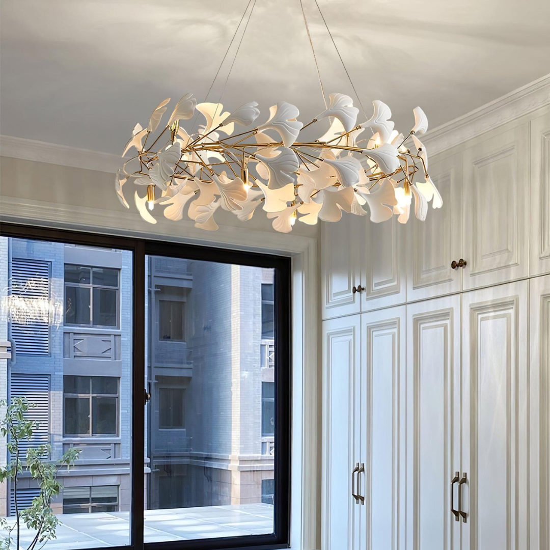 Olivia chandelier with white and gold-colour leaf details