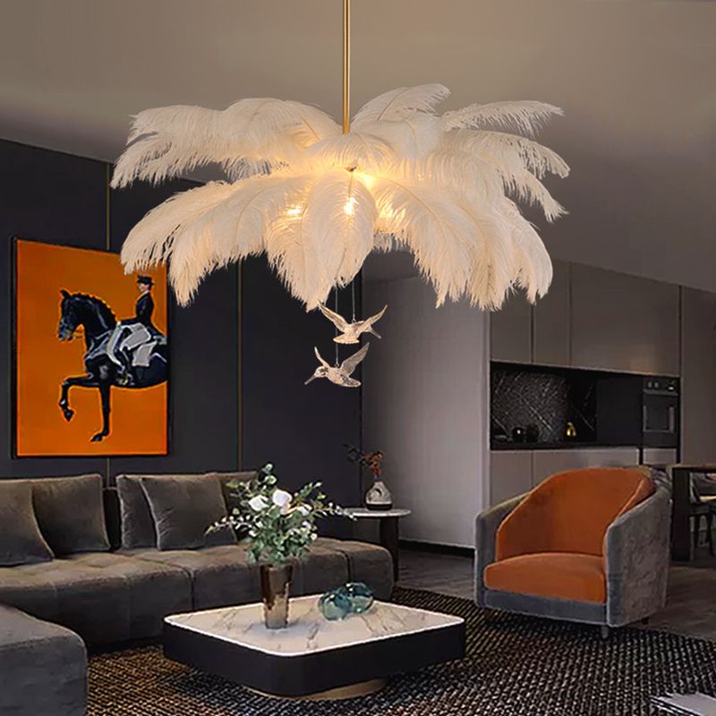 O'Moore Ostrich Contemporary Elegant Feather Chandelier, White - Cueteks