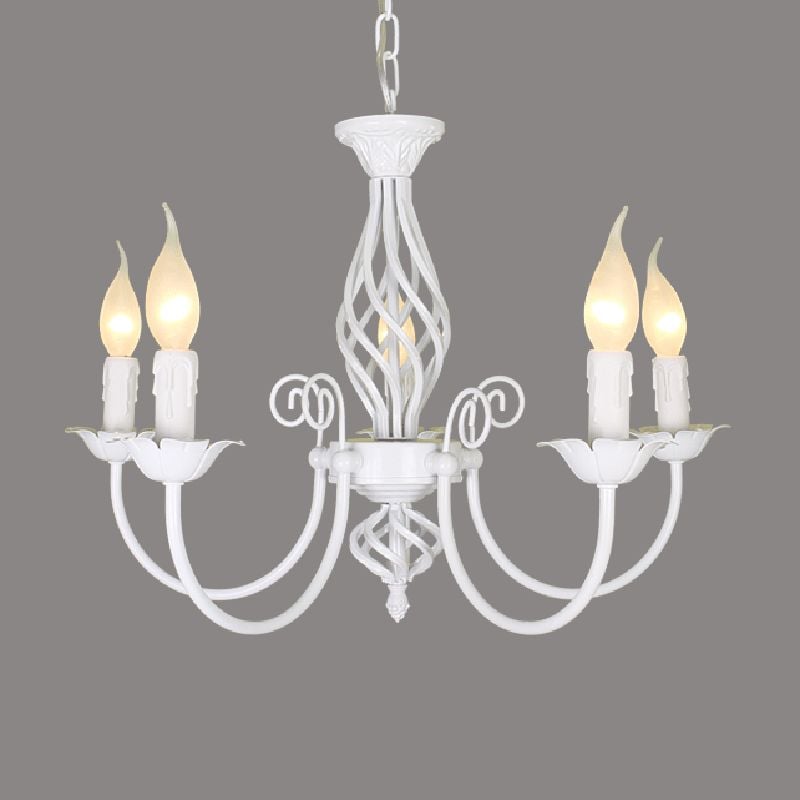 White Silva five-light chandelier on grey, with four outer candle holders and a central light inside the twisted column