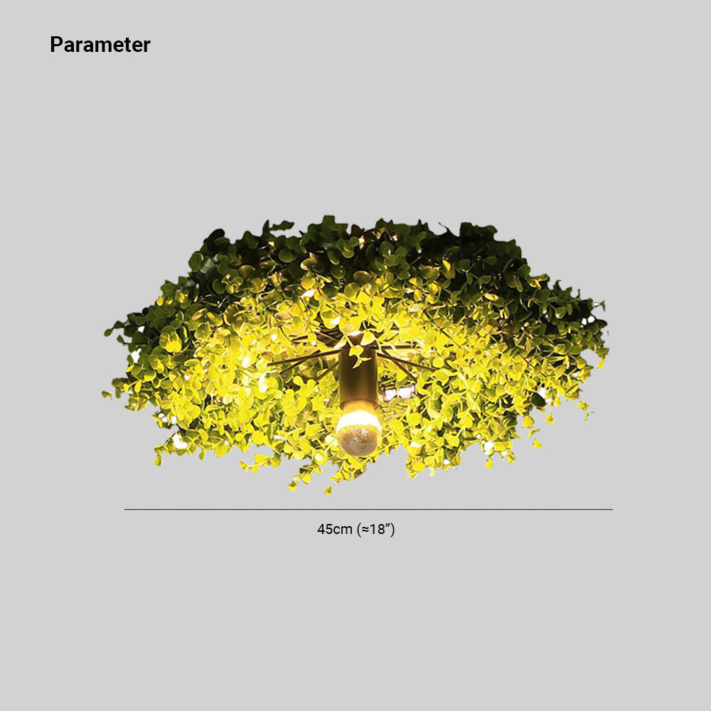 Nest dimension illustration showing a round green foliage cluster around a central lit bulb, labeled 45 cm wide, approximately 18 inches.