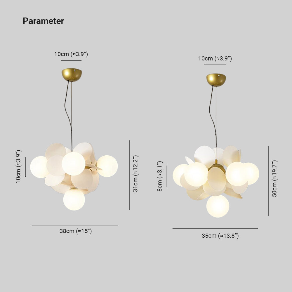 Two Jevon white-petal hanging layouts pictured at 38 and 35 cm wide, with long black cords and labelled body dimensions.