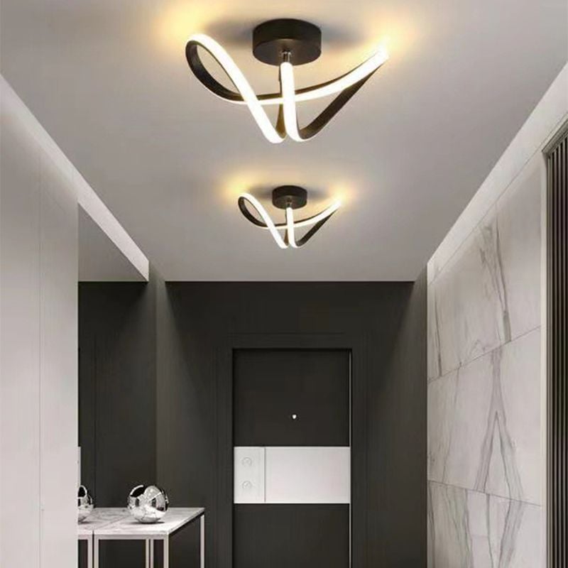 Two black Lacey ceiling lights above a dark hallway