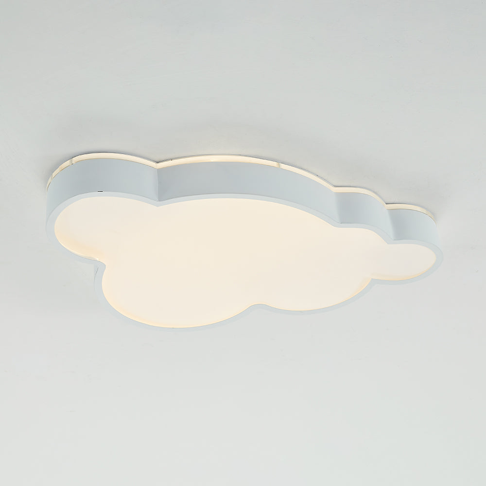 Angled close view of Minori mounted on a pale ceiling, showing the cloud face, smooth white sidewall and glowing upper edge.