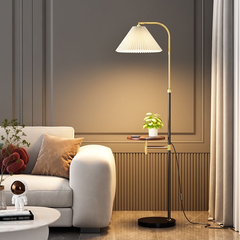 Ozawa Pleated Metal Floor Lamp With Shelves,Gold-Black/Gold - Cueteks