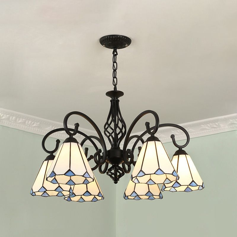 Silva Tiffany Mediterranean Branch Metal Chandelier, White/Blue/Navy Blue - Cueteks