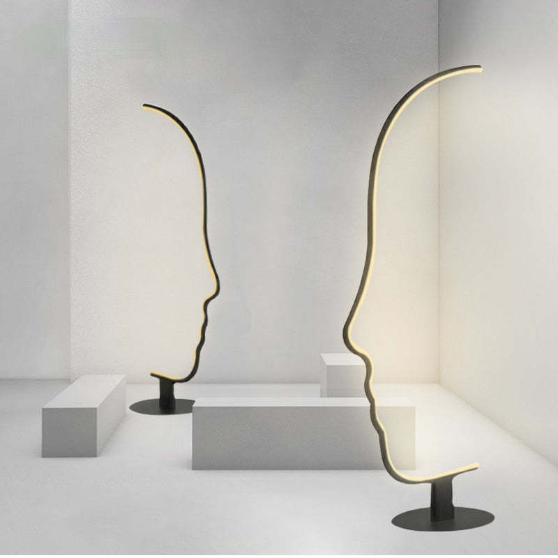 Edge Human Face Profile Modern Arc Floor Lamp, Black, Metal/Silicon - Cueteks