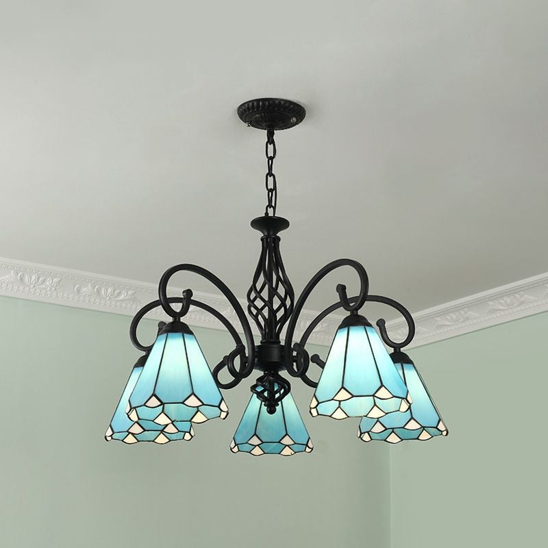 Silva Tiffany Mediterranean Branch Metal Chandelier, White/Blue/Navy Blue - Cueteks