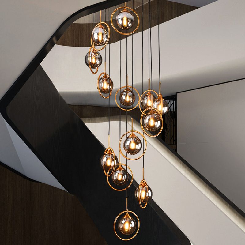 Hailie Modern Spiral Ball Glass Staircase Chandelier, Clear/Amber/Smoke Gray - Cueteks