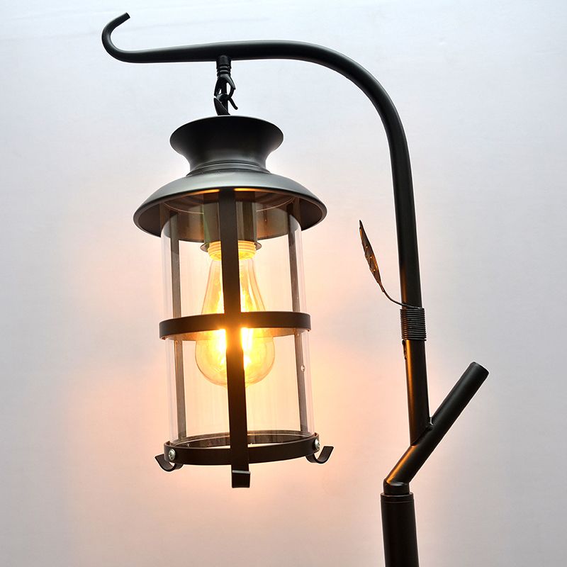 Alessio Retro Lantern Metal Glass Floor Lamp /w Table, Black/White - Cueteks
