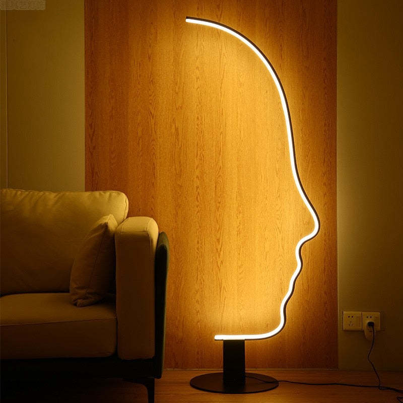 Edge Human Face Profile Modern Arc Floor Lamp, Black, Metal/Silicon - Cueteks