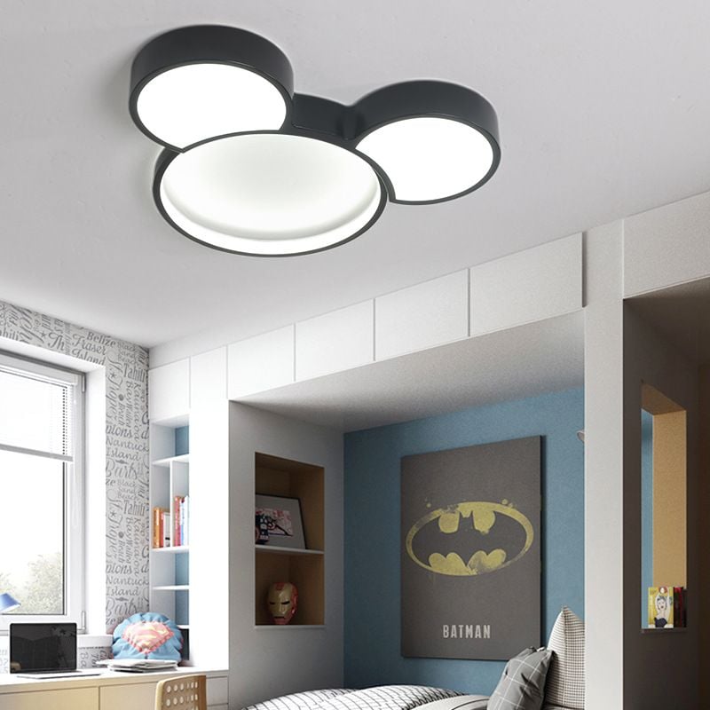 Freja ceiling light without a bow, with three white circular diffusers in black surrounds.