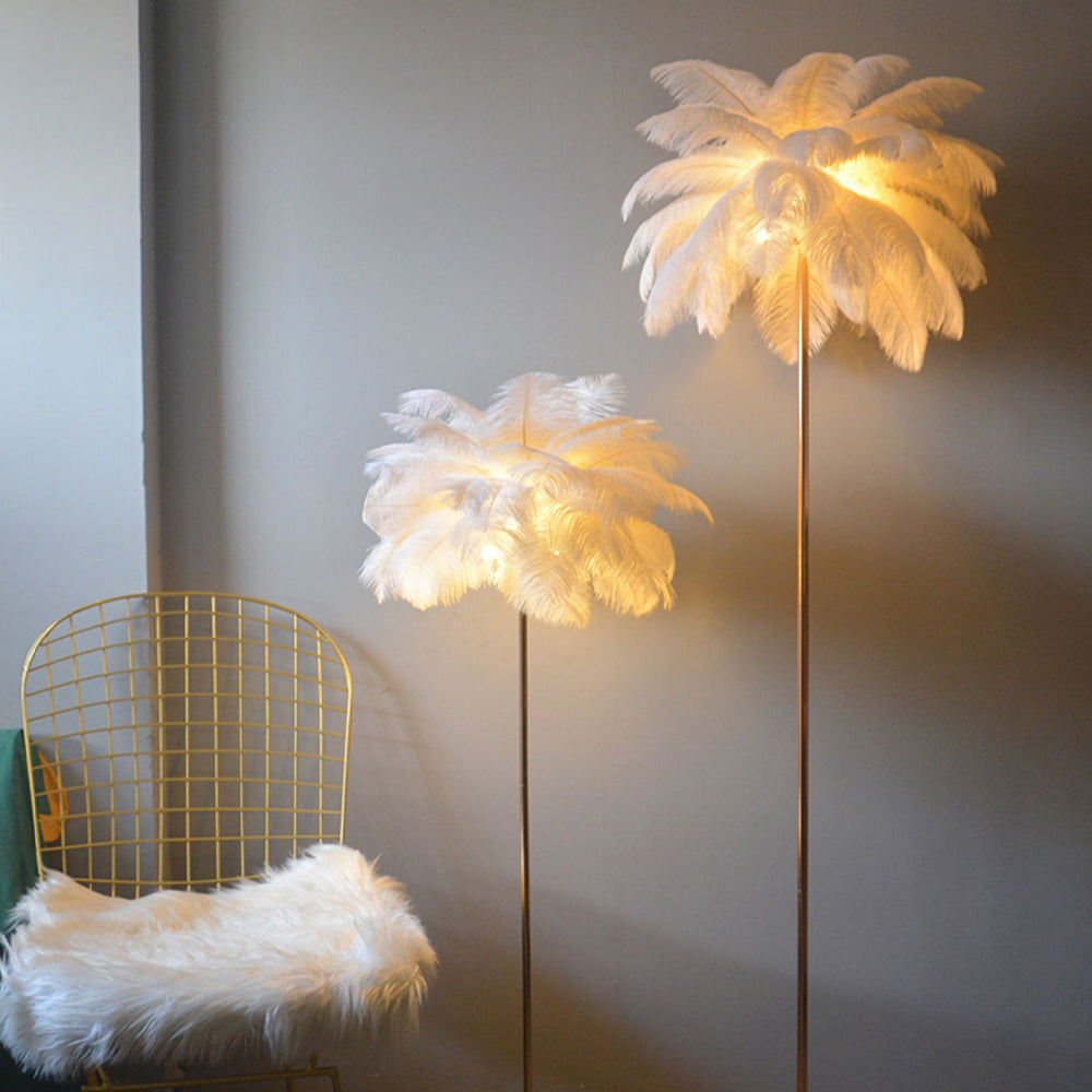 O'Moore Modern Floor Lamp, Natural Ostrich Feather & Metal Stand - Cueteks