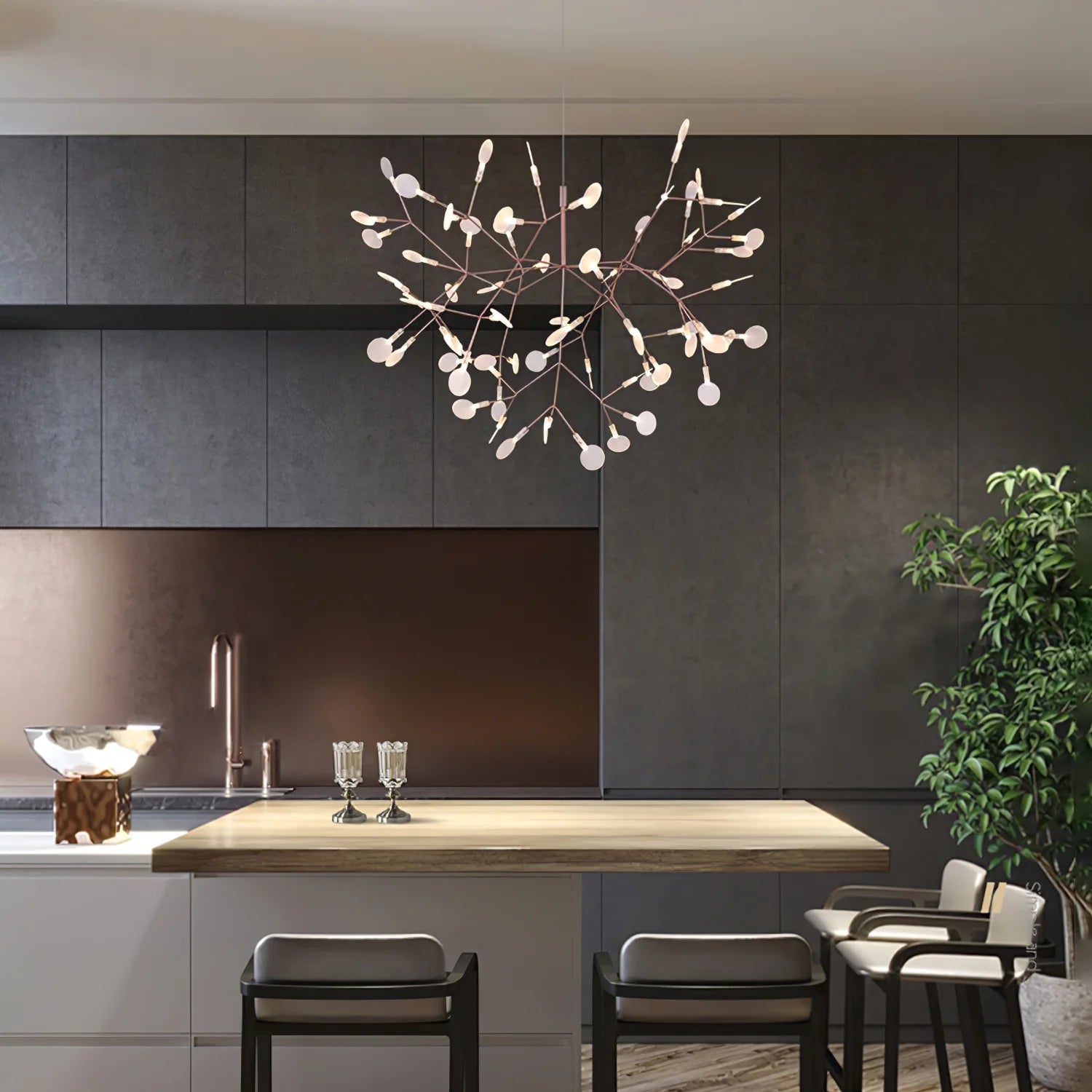 Black branched chandelier over an interior counter