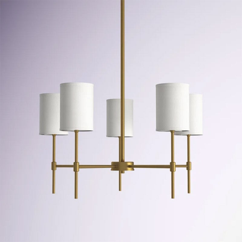 Close view of gold right-angle arms and white fabric shades