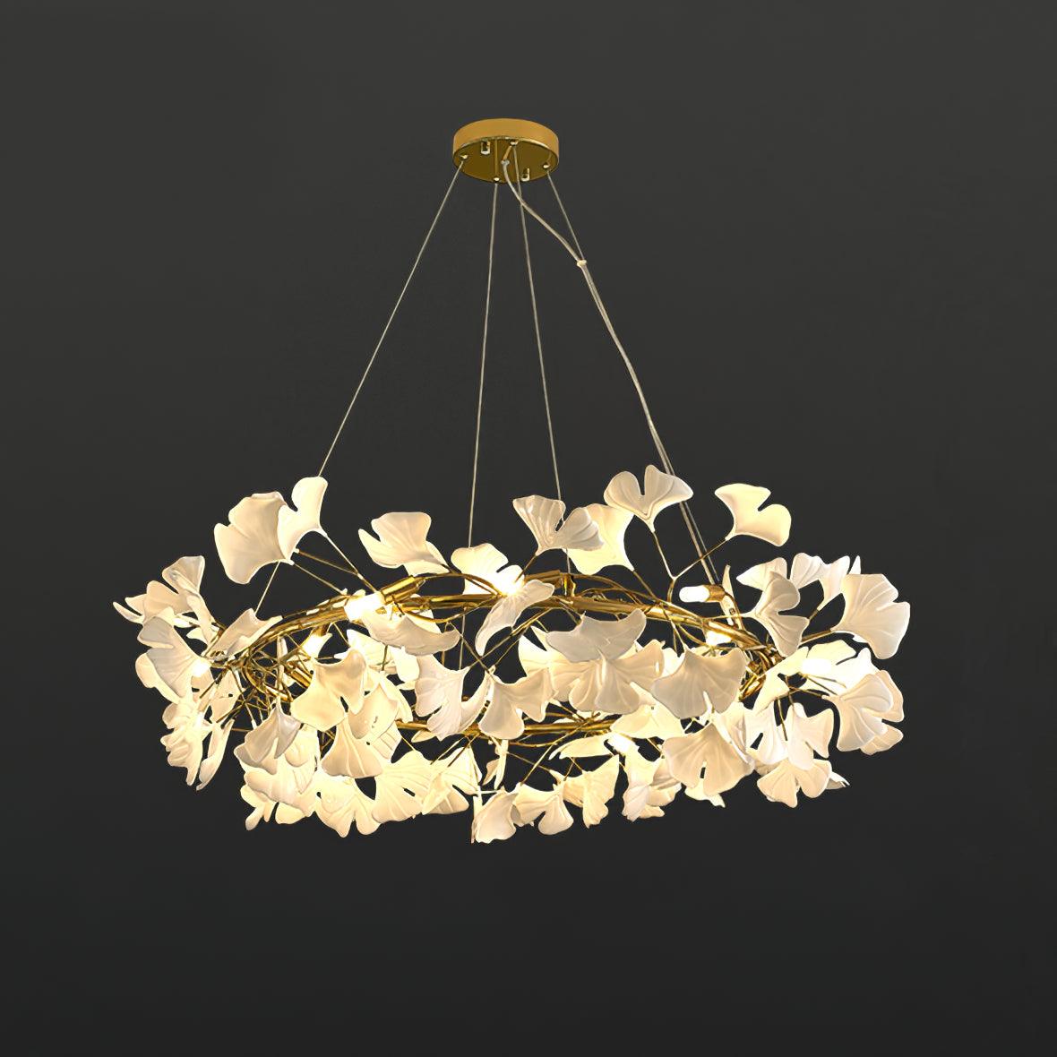 Illuminated ceramic leaf chandelier with gold-colour branches
