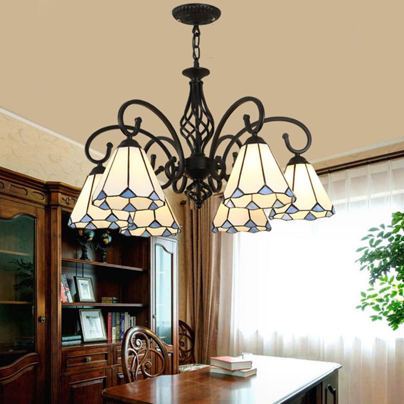 Silva Tiffany Mediterranean Branch Metal Chandelier, White/Blue/Navy Blue - Cueteks