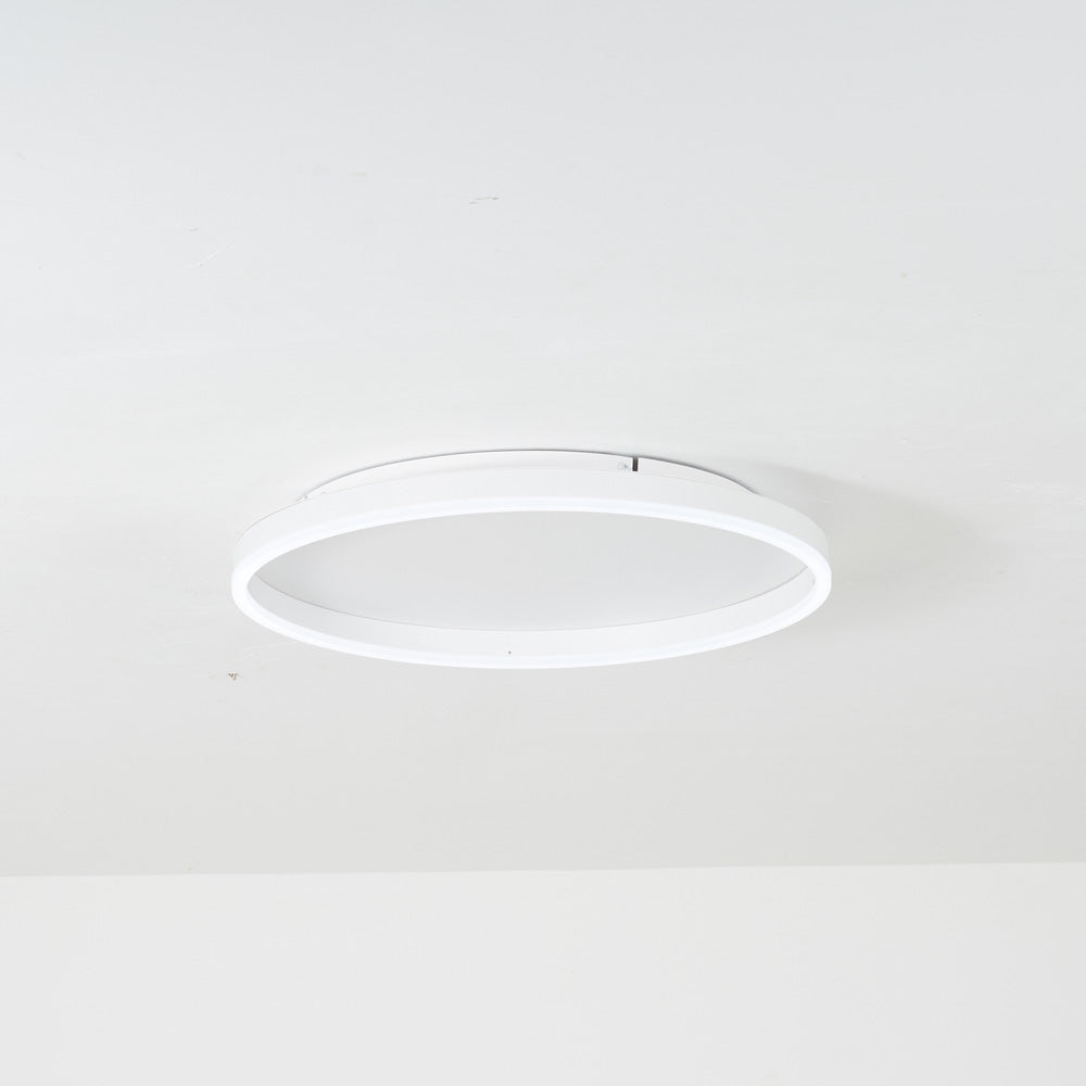Oblique view of white Arisha on a light ceiling, showing an open center, pale ring and upper mounting plate.