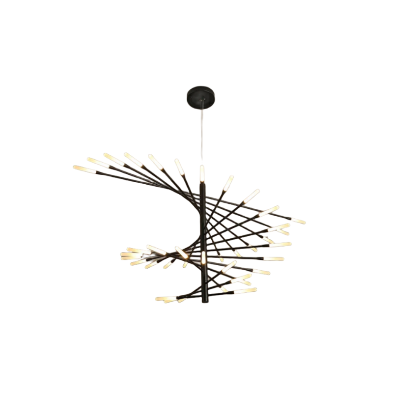 Isolated black Lowry chandelier on white, spiral arrangement of straight arms with glowing cylindrical tips below round canopy