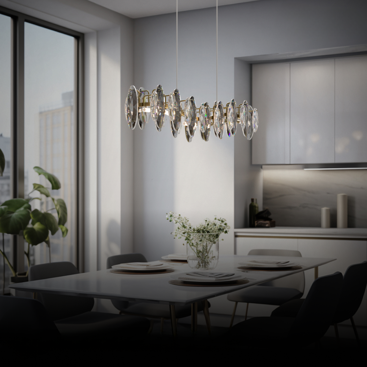 Olivia glass-disc pendant suspended above a dark dining table in a light interior.