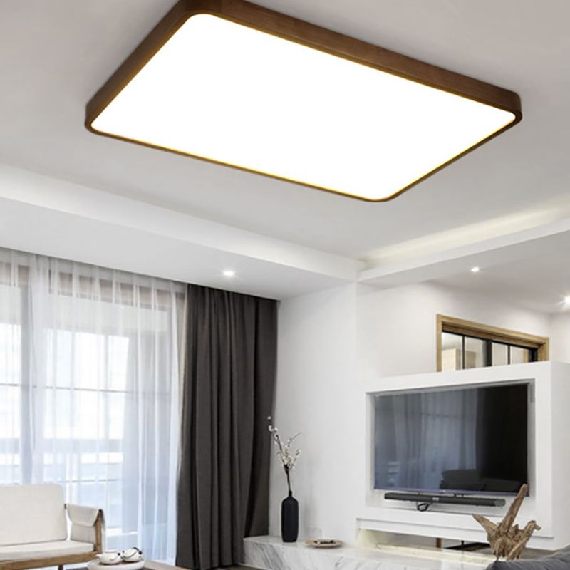 Rectangular Ozawa light above a living room with a TV, white chair, dark-framed window, curtains and a decorative branch.