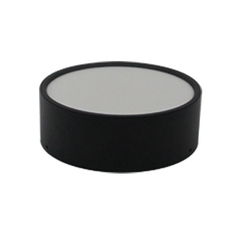 Quinn black cylindrical ceiling-light housing on white, with an inset pale unlit face and small side recesses.