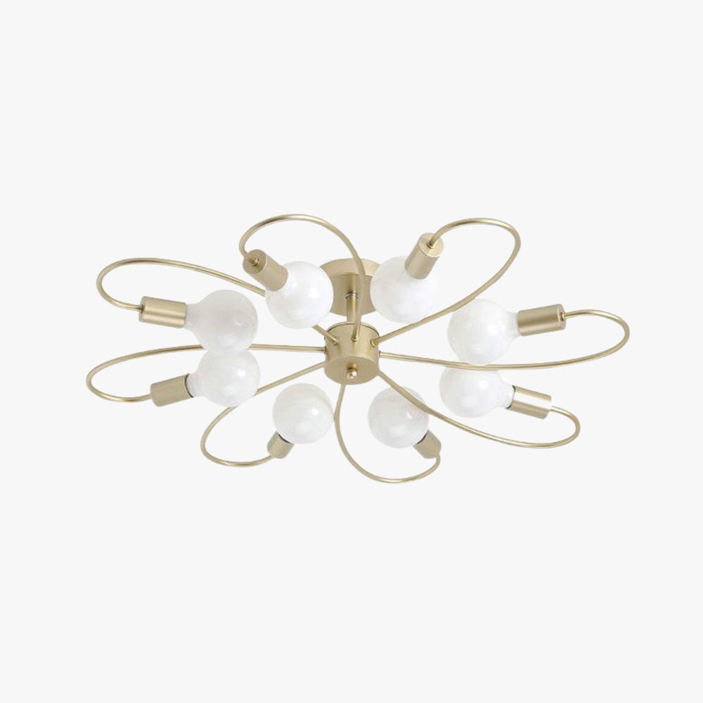 Valentina Gold eight-light option on white, with looping gold-tone arms, round bulbs and a circular ceiling plate.
