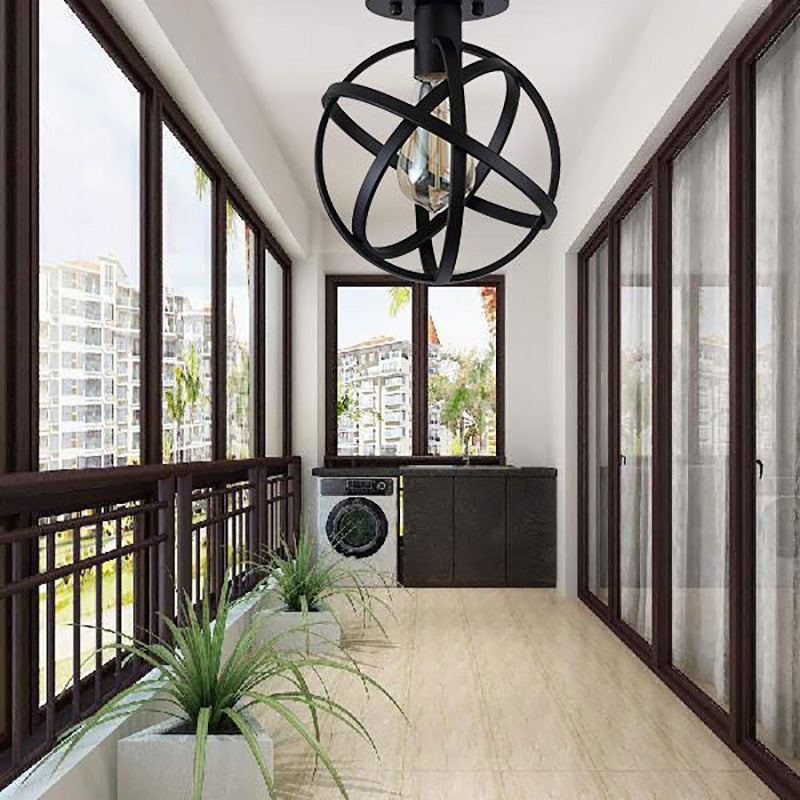 Herbert Retro Globe Lantern Metal Flush Mount Ceiling Light, Balck - Cueteks