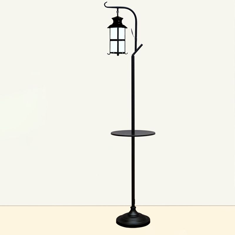 Alessio Retro Lantern Metal Glass Floor Lamp /w Table, Black/White - Cueteks