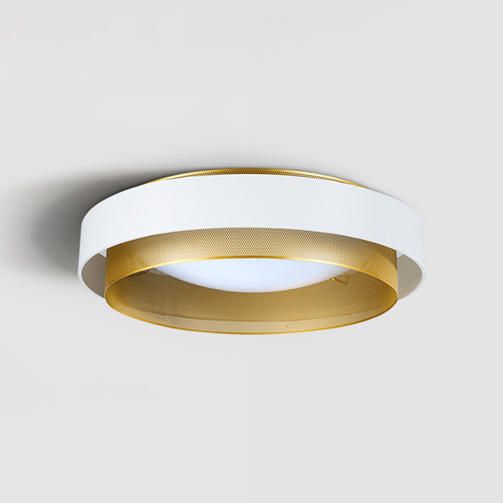 White-and-gold Quinn ceiling light from below, showing the lower perforated ring and pale central light surface.