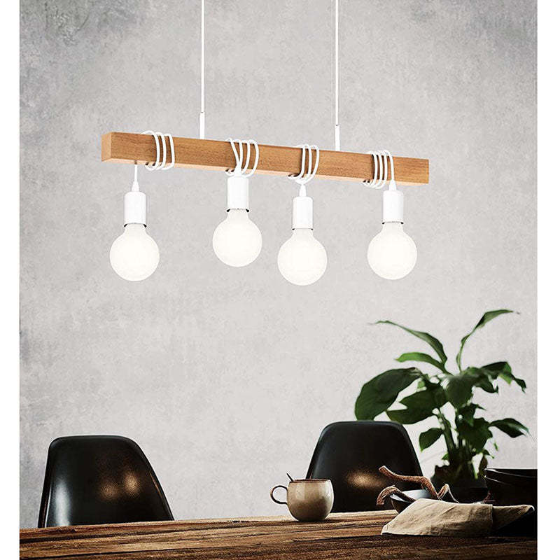 White-cord and white-holder beam pendant pictured above a dining table; not a selectable finish here.