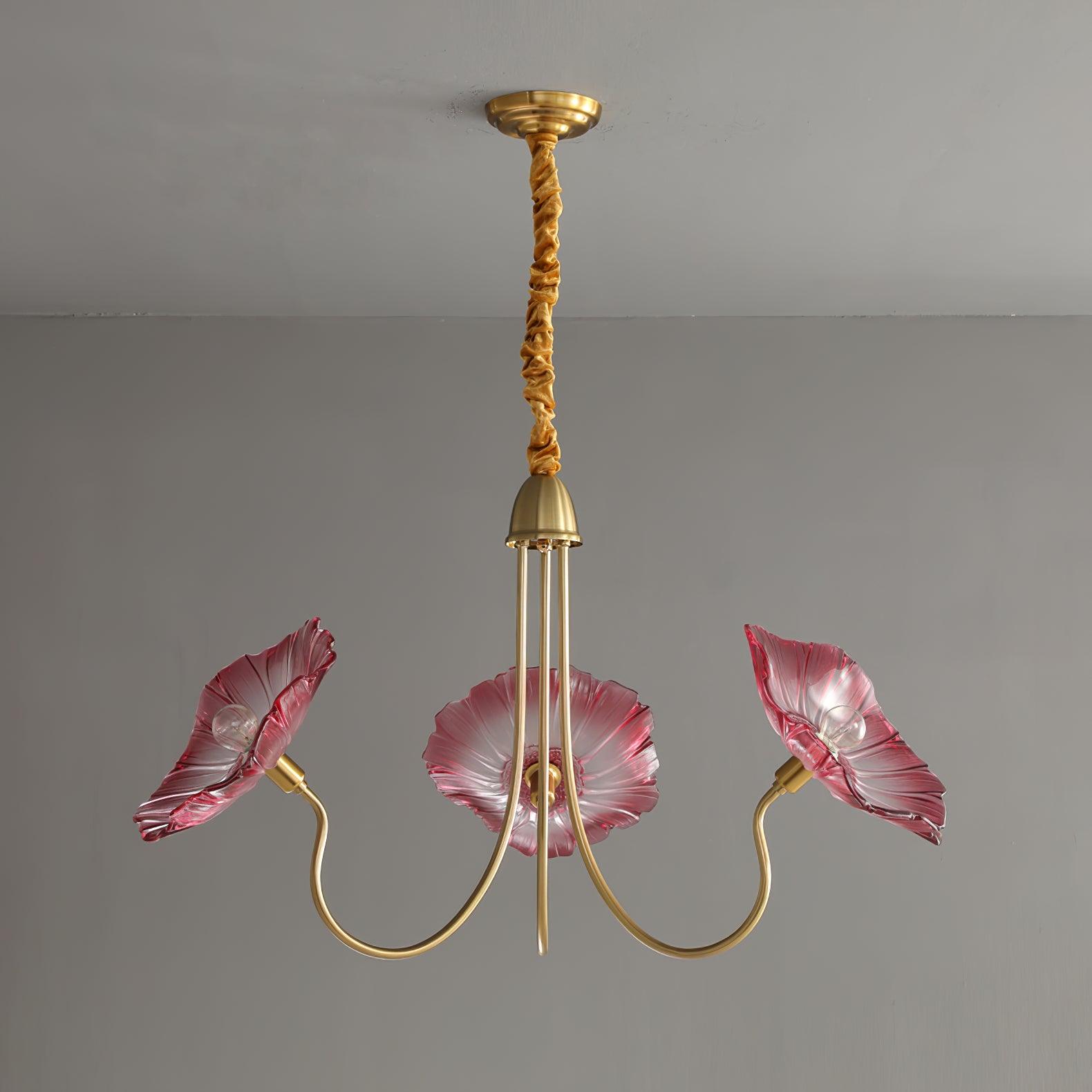 Unlit pink three-head chandelier