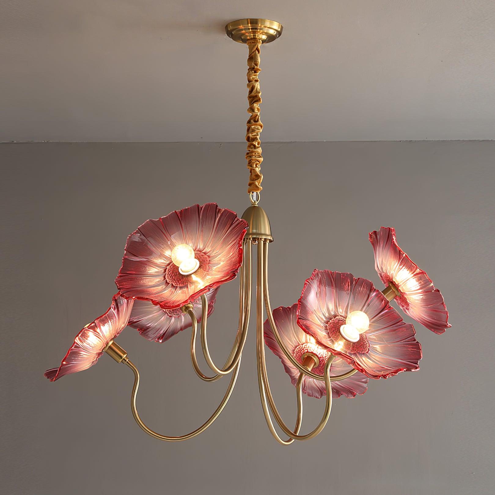 Pink six-head flower chandelier illuminated
