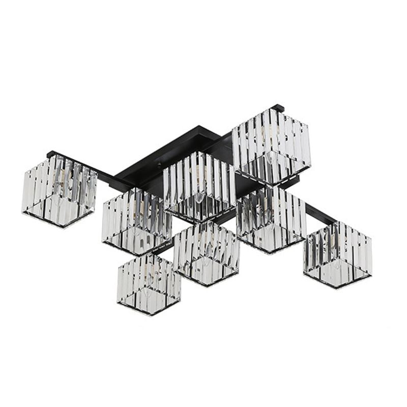 Unlit-looking eight-head Black Kristy fixture on white, with clear vertical shade strips, square lower frames and crossing arms.