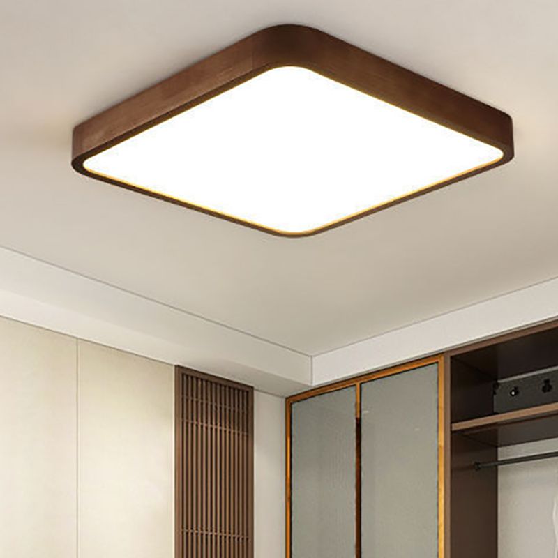 Square Style C Ozawa ceiling light near grey wardrobe doors with wood trim, a lattice panel, open shelves and hanging clothes.