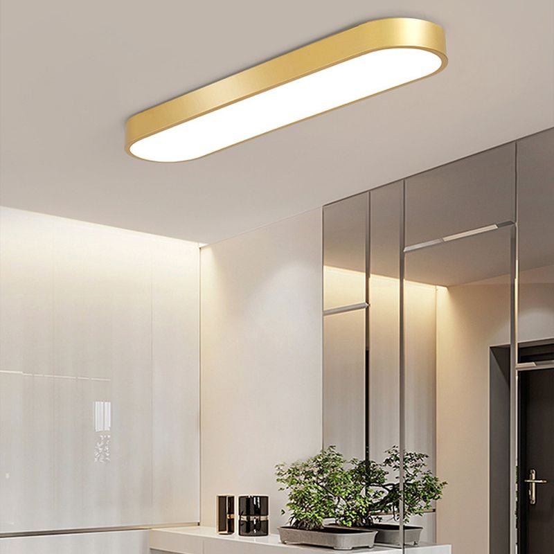 Gold Quinn ceiling light with smooth sides above mirror-fronted cabinetry, a basin, small green plant and dark door.