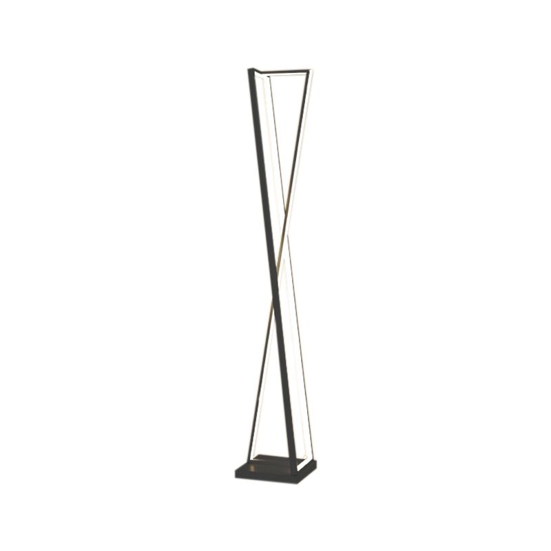 Smaller white-background view of a black crossed-triangle floor lamp with bright linear strips and a rectangular base