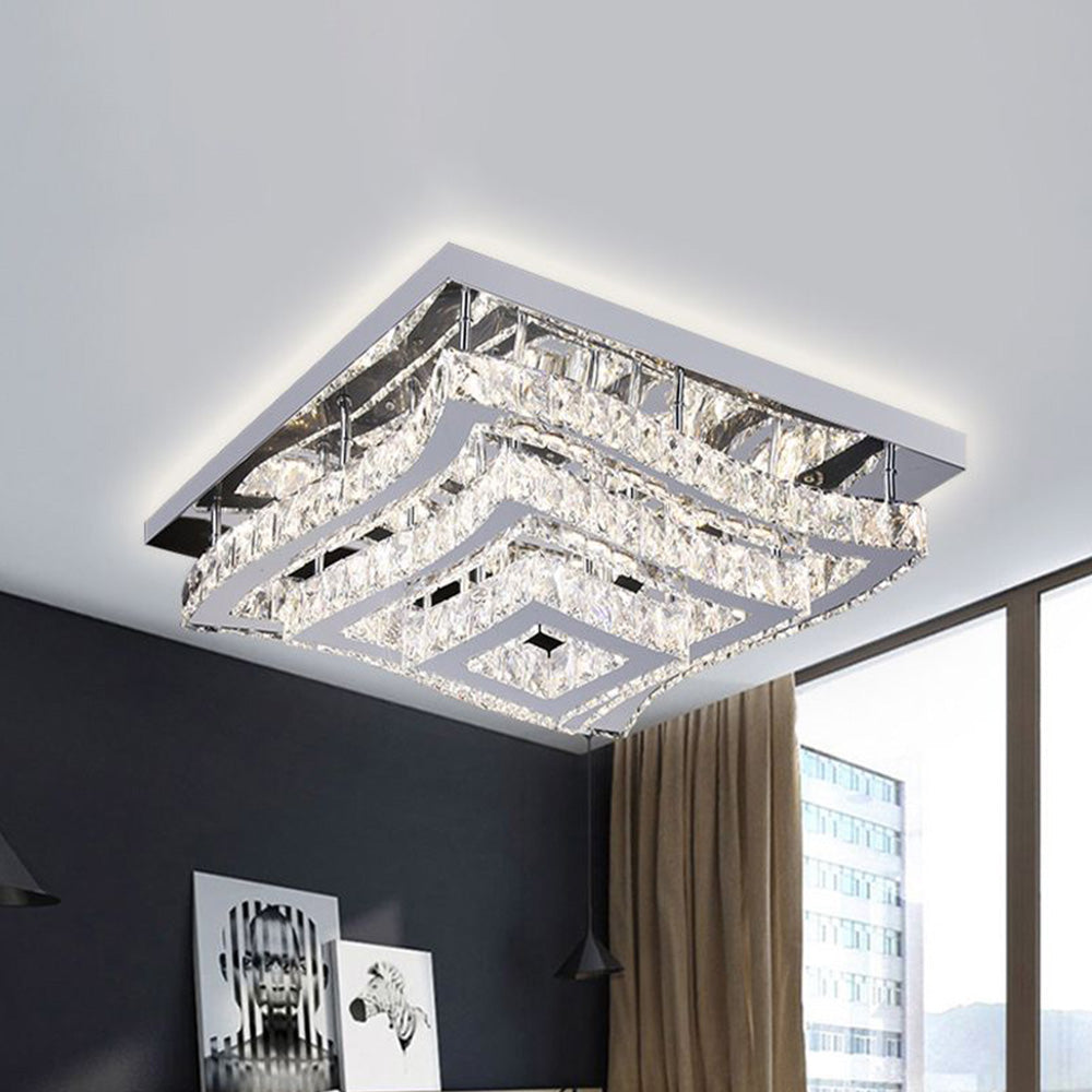 Kristy lit square glass ceiling light near a window with beige curtains, a charcoal wall and monochrome artwork.