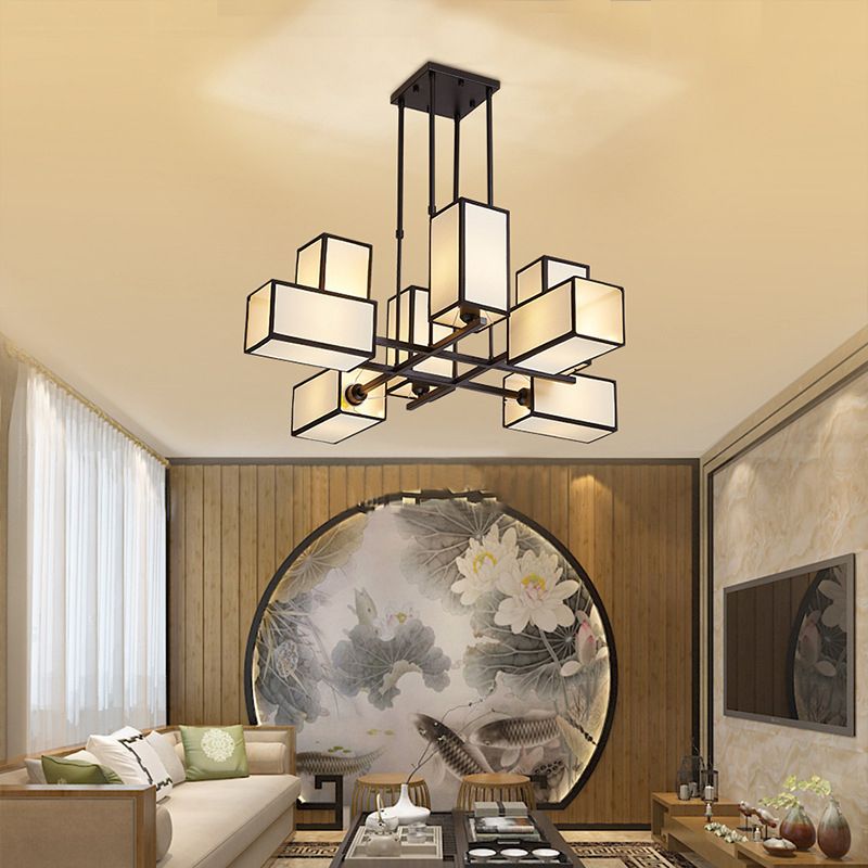 Black Lacey chandelier with rectangular shades above a sofa