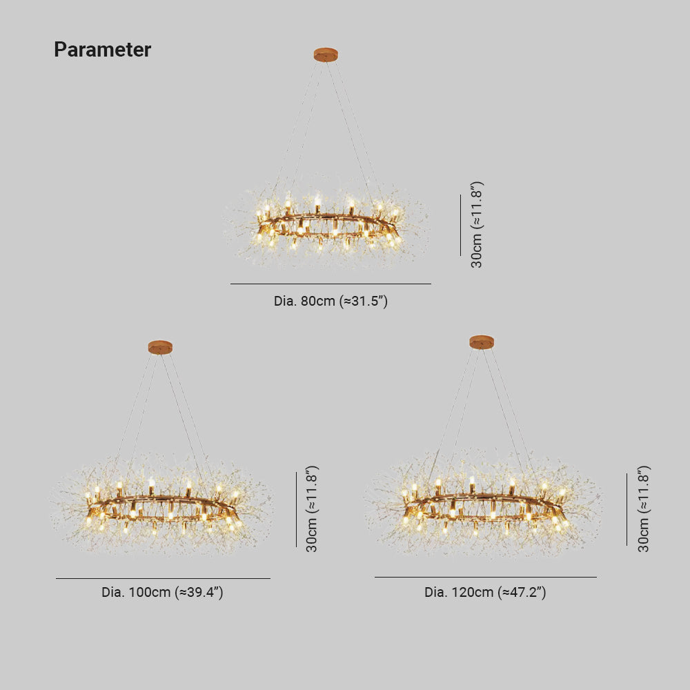 Lili size diagram: 80, 100 and 120 cm ring diameters, each with a 30 cm light-body height excluding suspension and canopy.