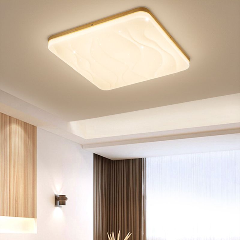 Square Ozawa ceiling light with a rippled face above a wood cabinet panel, dark curtains and a bright window beside a separate wall light.