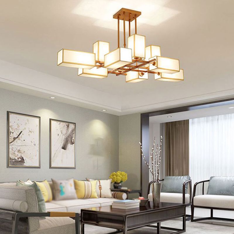 Gold rectangular-shade chandelier in a bright living room