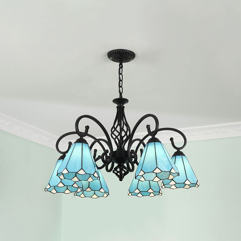 Silva Tiffany Mediterranean Branch Metal Chandelier, White/Blue/Navy Blue - Cueteks