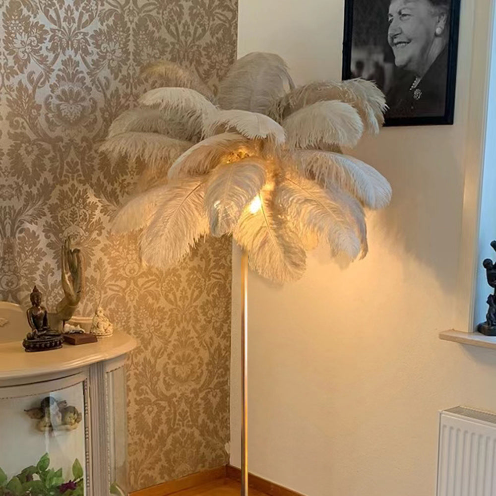 O'Moore Modern Floor Lamp, Natural Ostrich Feather & Metal Stand - Cueteks
