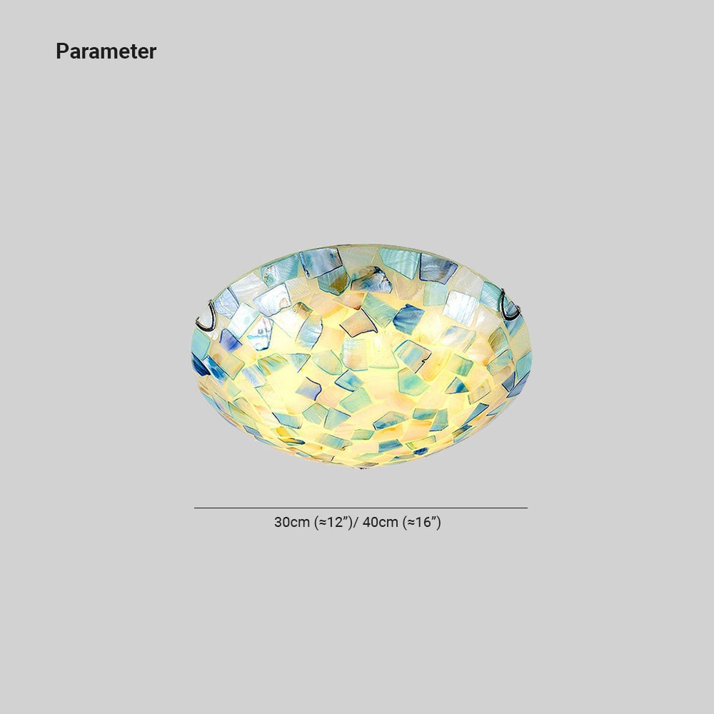 Morandi shell-mosaic bowl size diagram labels 30 or 40 cm width, approximately 12 or 16 inches.