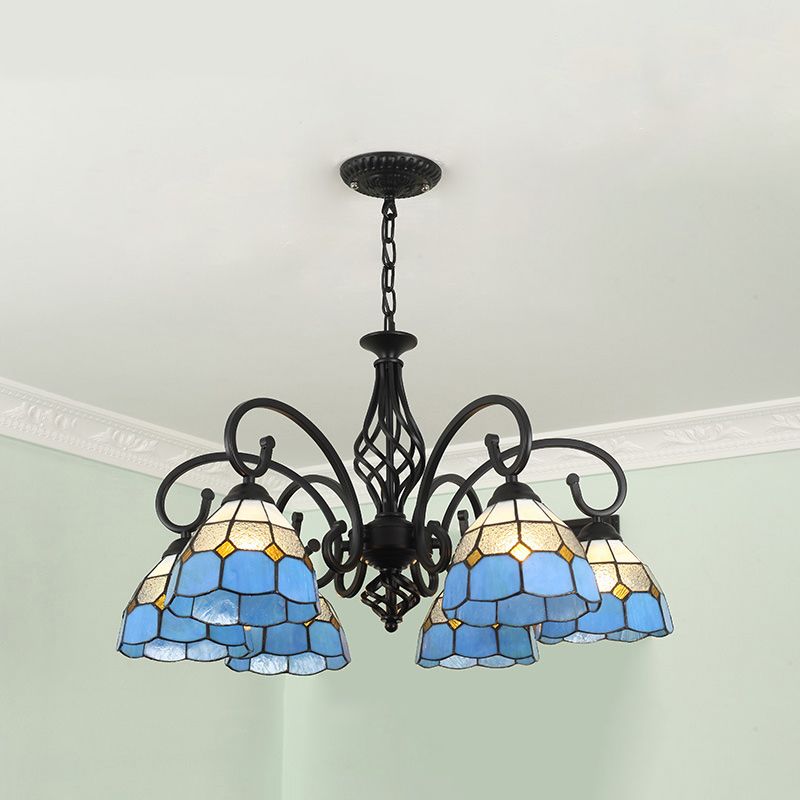 Silva Tiffany Mediterranean Branch Metal Chandelier, White/Blue/Navy Blue - Cueteks