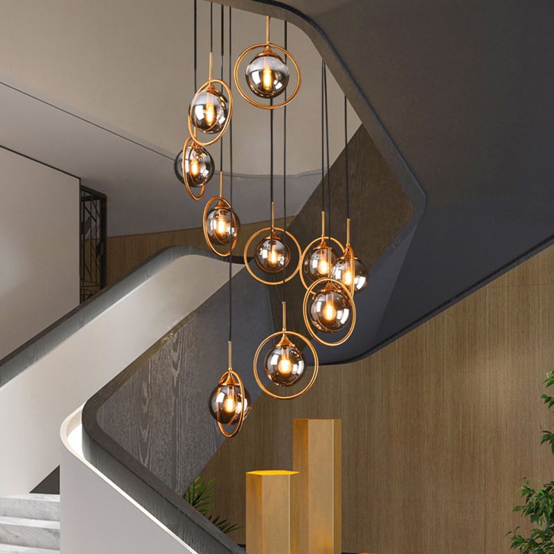 Hailie Modern Spiral Ball Glass Staircase Chandelier, Clear/Amber/Smoke Gray - Cueteks
