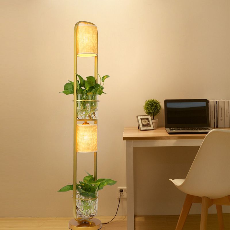 Eryn Simple Cylinder 2-Light Heads Floor Lamp with Planters, Black/White/Gold - Cueteks