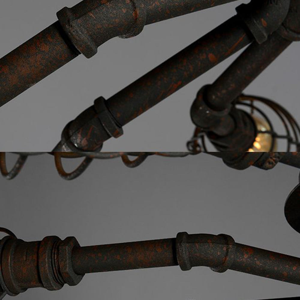 Close view of Alessio dark pipe joints and distressed metal finish
