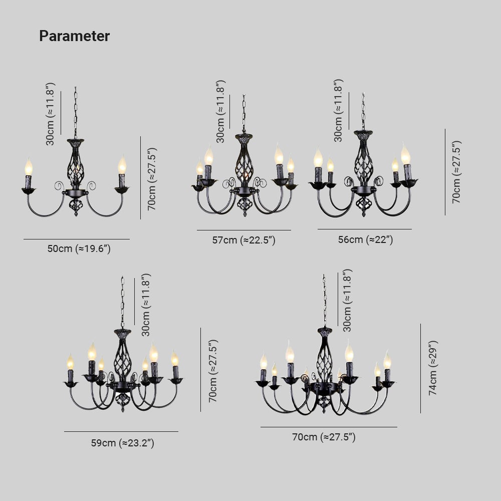 Silva parameter chart showing five black chandelier configurations, widths and body heights in centimetres, with 30 cm chains