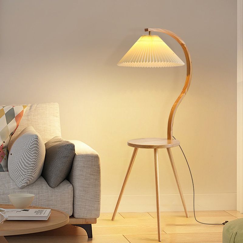 Ozawa Modern Pleated Wood Fabric Bedside Table Floor Lamp - Cueteks